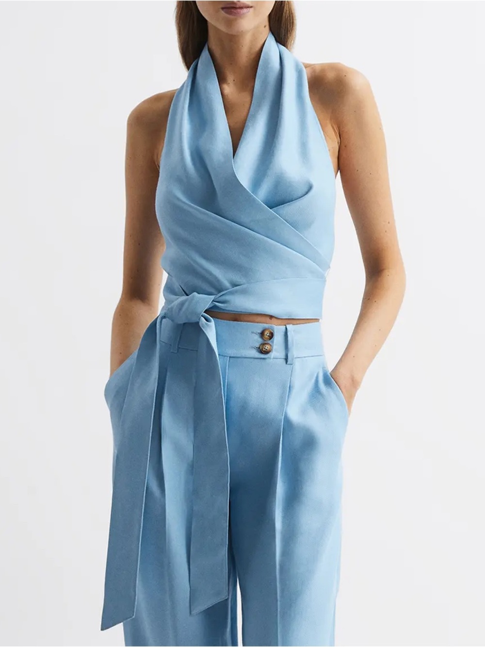 NWT Reiss Hollie Halter Neck Linen Blend Crop Top, Blue, Size US 2